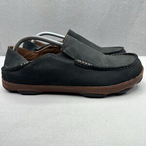 Olukai Moloa Mens Size 11.5 Slip-On Moc Beach Shoes Black Nubuck Leather Comfort